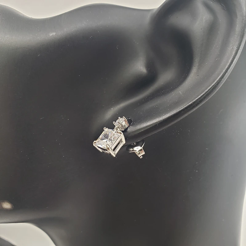 925 Sterling Silver Round and Square Cubic Zirconia Dangle Studs - 11mm