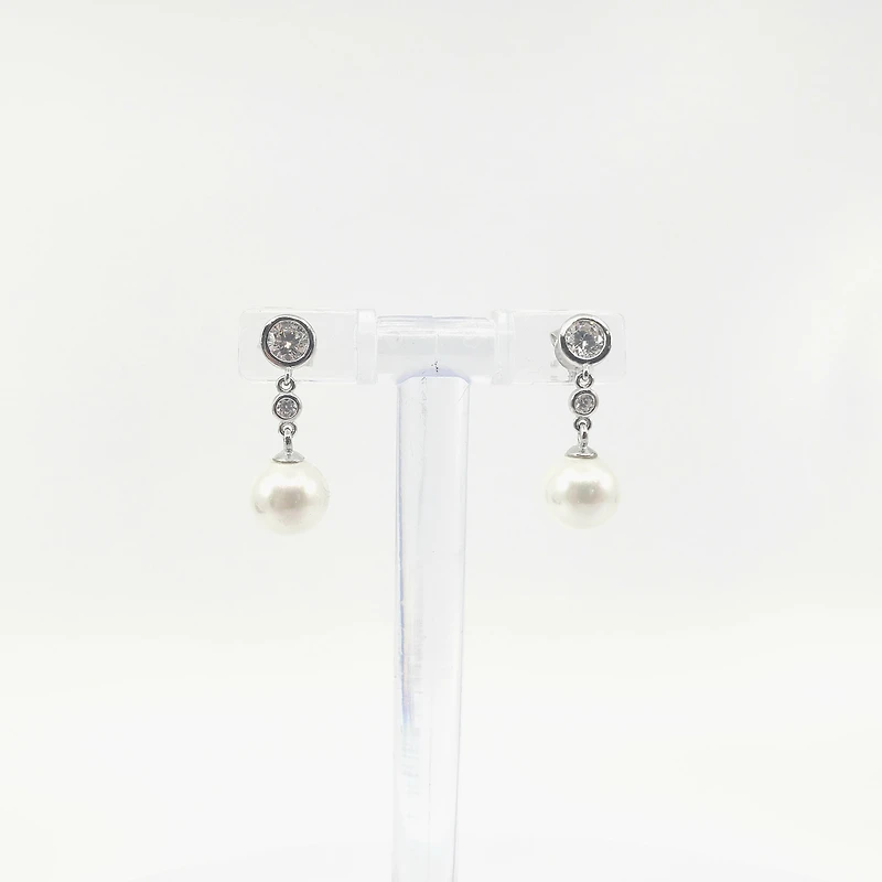 925 Sterling Silver Cubic Zirconia with 8mm Imitation Pearl Dangle Stud