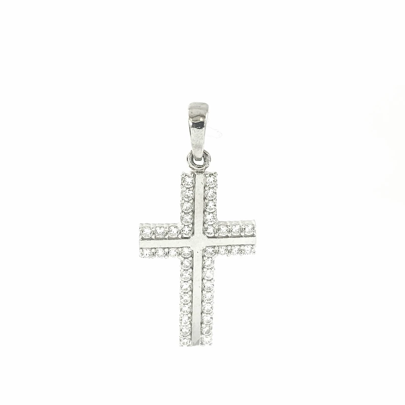 10K White Gold Cubic Zirconia Cross - 21mm x 13mm