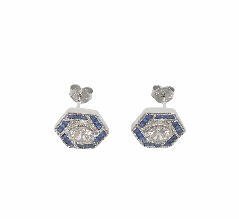 925 Sterling Silver Clear and Blue Cubic Zirconia Hexagon Stud - 12.5mm x 11mm
