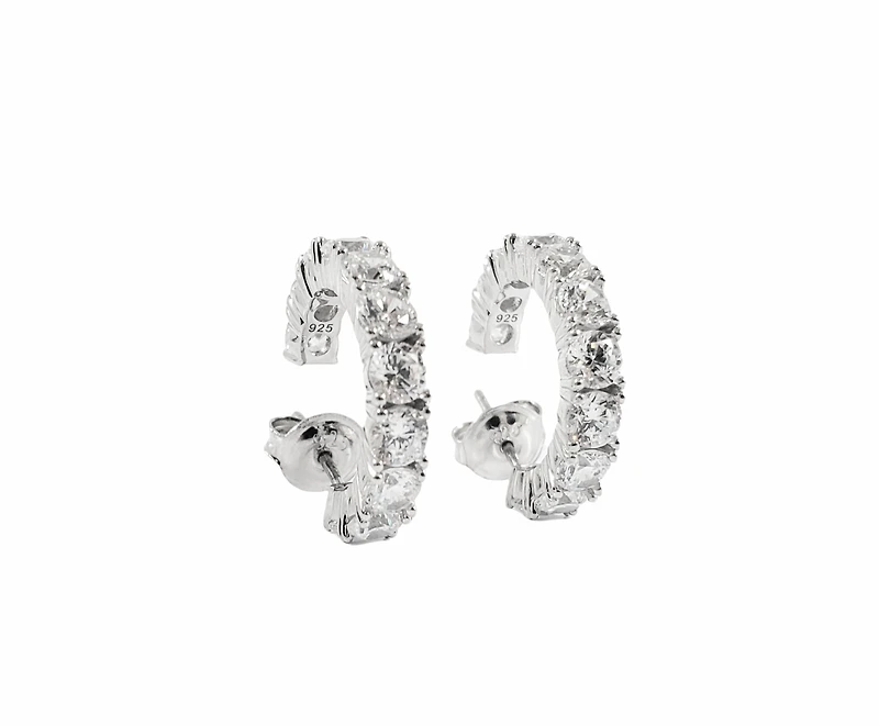 925 Sterling Silver 3.5mm Cubic Zirconia Half Hoop Studs - 18mm