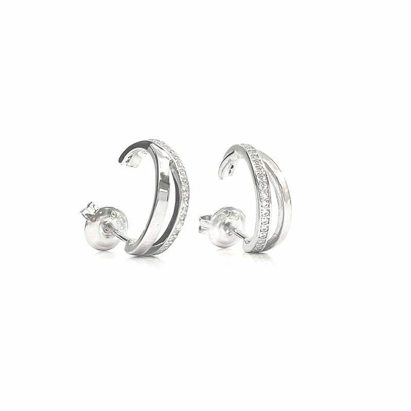 925 Sterling Silver Cubic Zirconia Double Channel Half Hoops - 14mm x 12mm