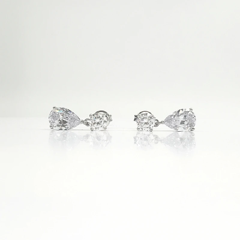 925 Sterling Silver 5.5mm round and 7mm x 10.5mm Tear Drop Cubic Zirconia Drop Earrings - 17.5mm x 7mm