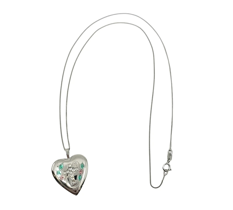 925 Sterling Silver Locket with Cubic Zirconia Cross and Decals with Chain - 18 Inches