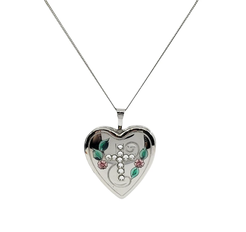 925 Sterling Silver Locket with Cubic Zirconia Cross and Decals with Chain - 18 Inches