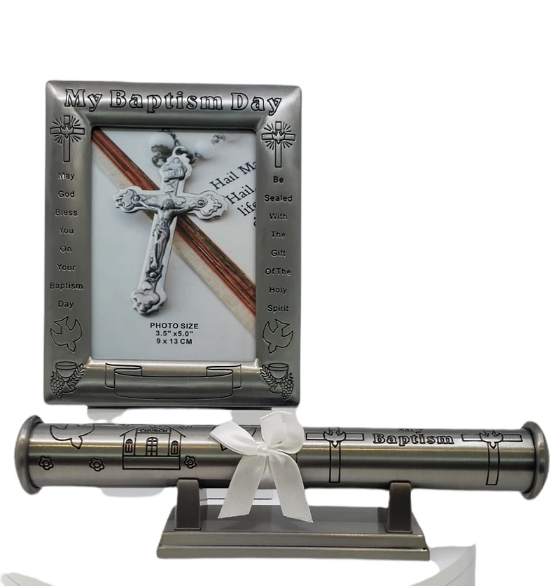 Pewter Baptism Frame with Certificate Holder and Stand