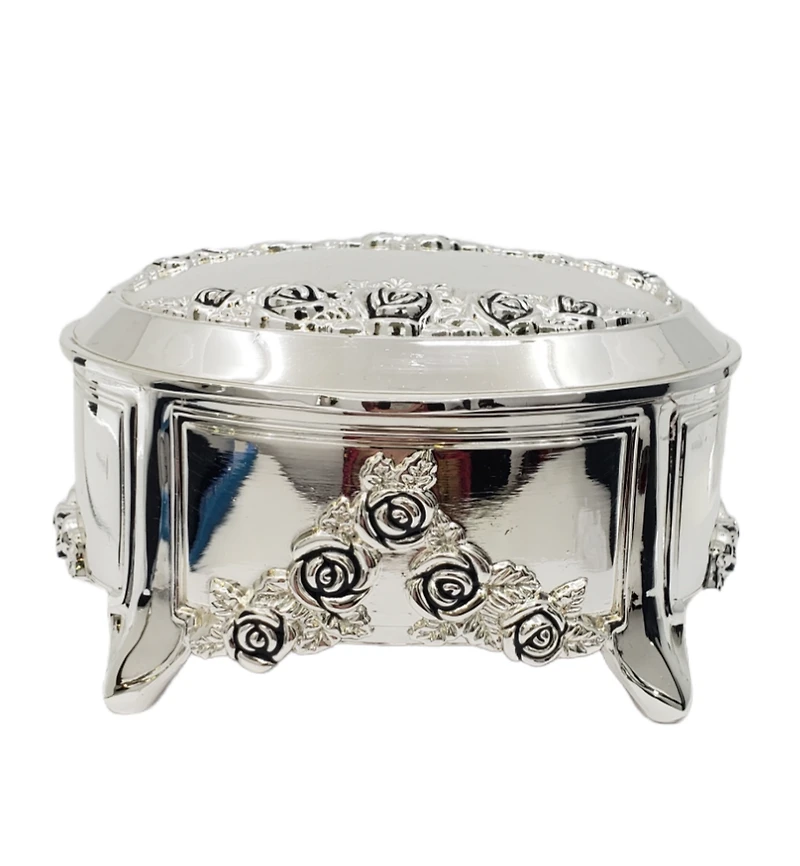 Silver Plated Oval with Roses Musical Trinket Box with Legs