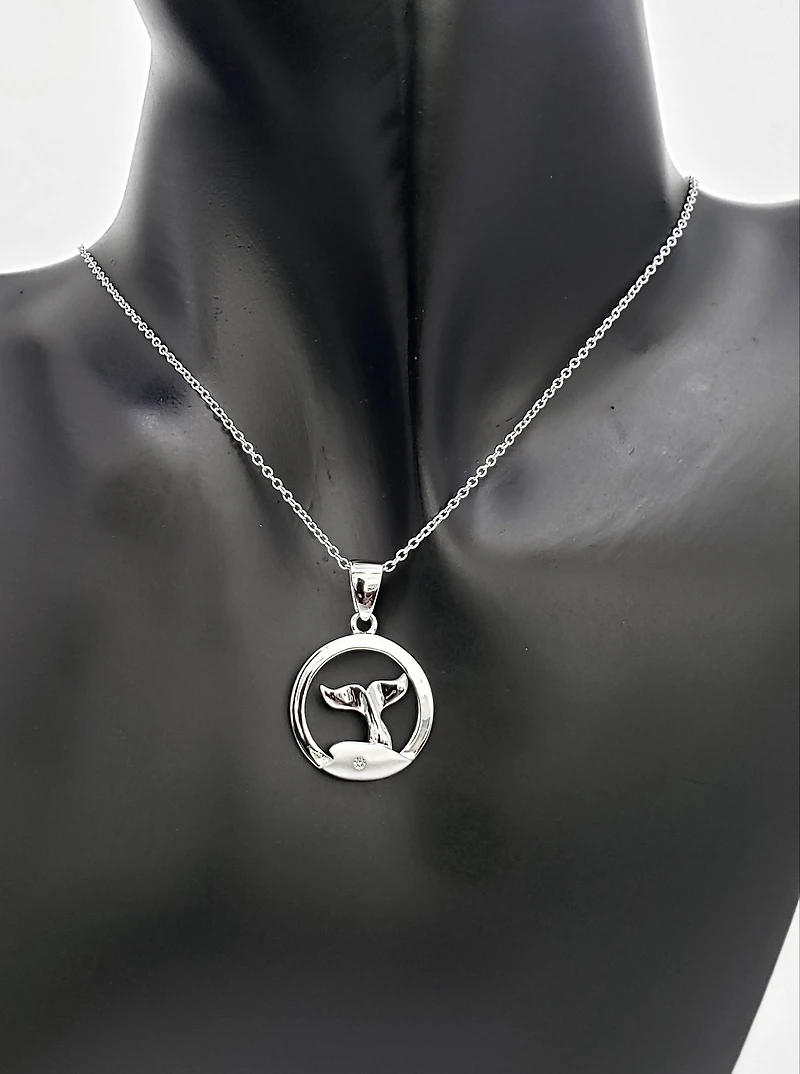925 Sterling Silver 0.015cttw Canadian Diamond Whale Tail Pendant