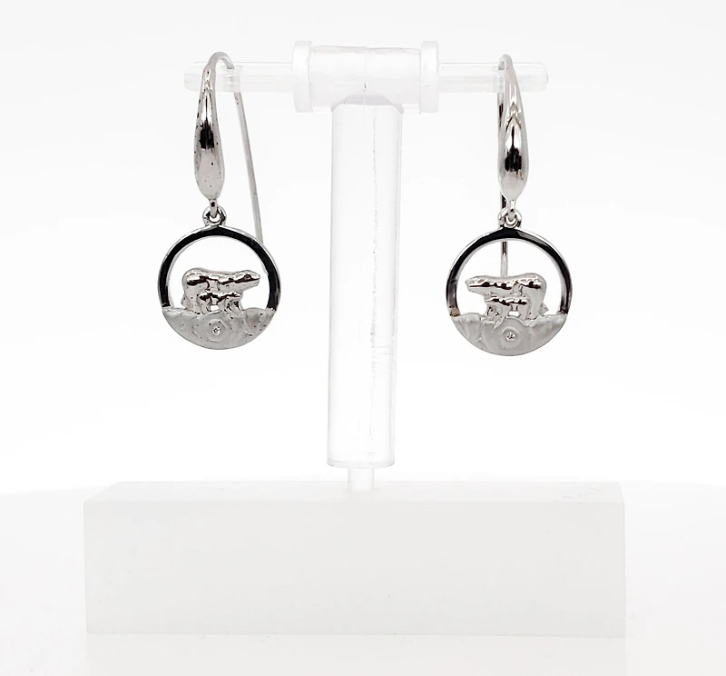 925 Sterling Silver 0.01cttw Canadian Diamond Mother Bear and Cub Dangle Earrings