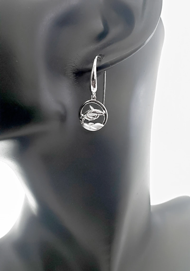 925 Sterling Silver 0.01cttw Canadian Diamond Mother Orca and Calf Dangle Earrings