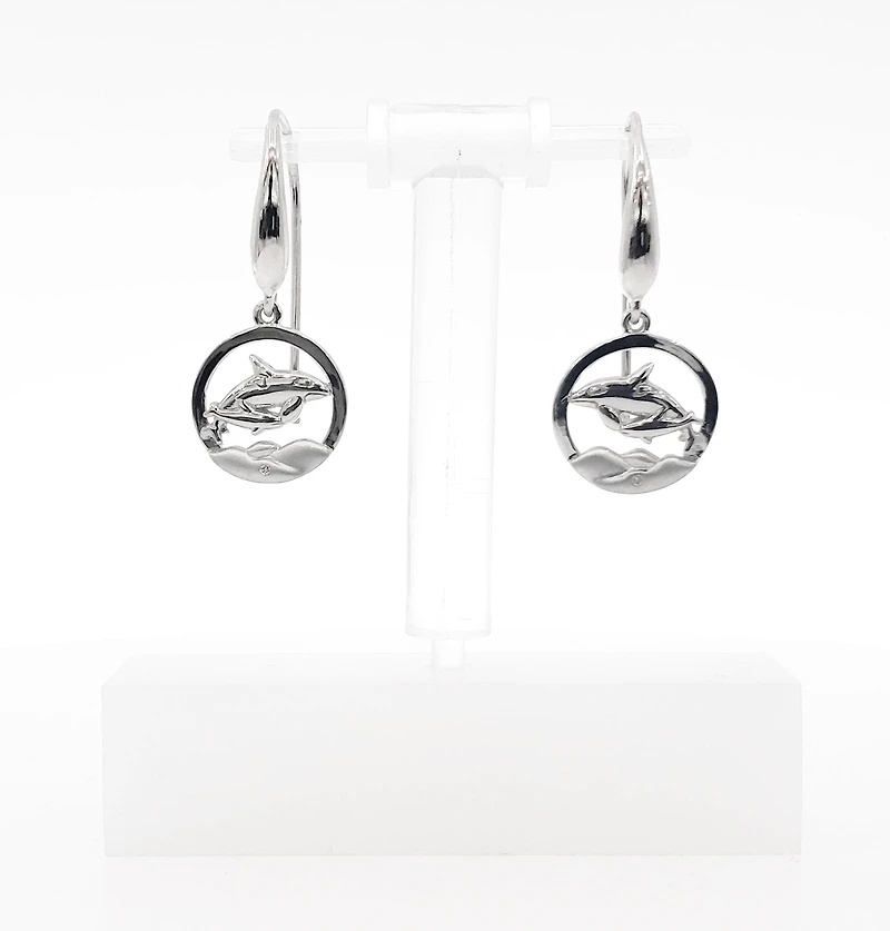 925 Sterling Silver 0.01cttw Canadian Diamond Mother Orca and Calf Dangle Earrings