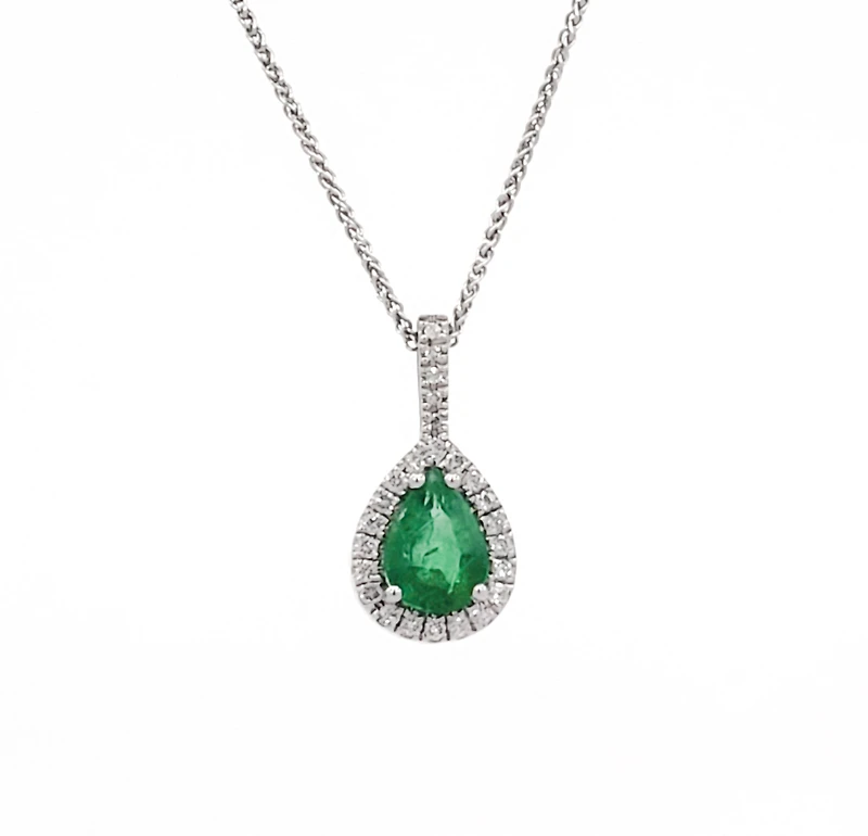 10/14K White Gold 0.70cttw Pear Cut Emerald and 0.11cttw Diamond Pendant, 18"