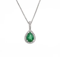 10/14K White Gold 0.70cttw Pear Cut Emerald and 0.11cttw Diamond Pendant, 18"