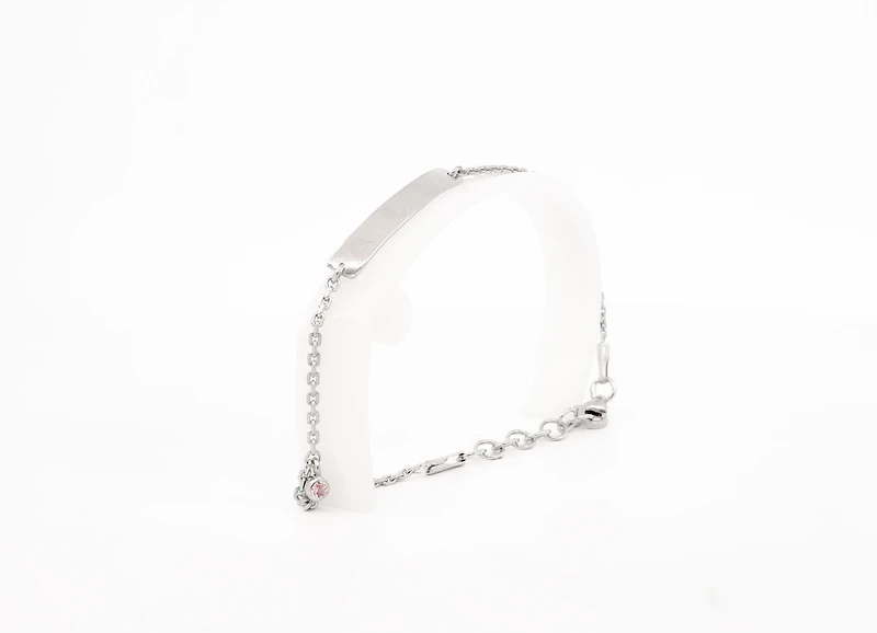 Engraveable 925 Sterling Silver Bar Baby Bracelet with Pink Cubic Zirconia adjustable rolo link 6.5"