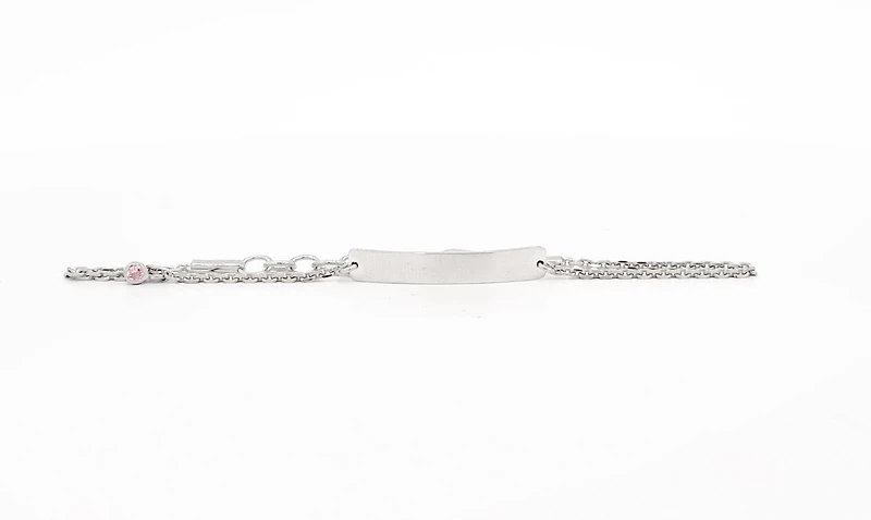 Engraveable 925 Sterling Silver Bar Baby Bracelet with Pink Cubic Zirconia adjustable rolo link 6.5"