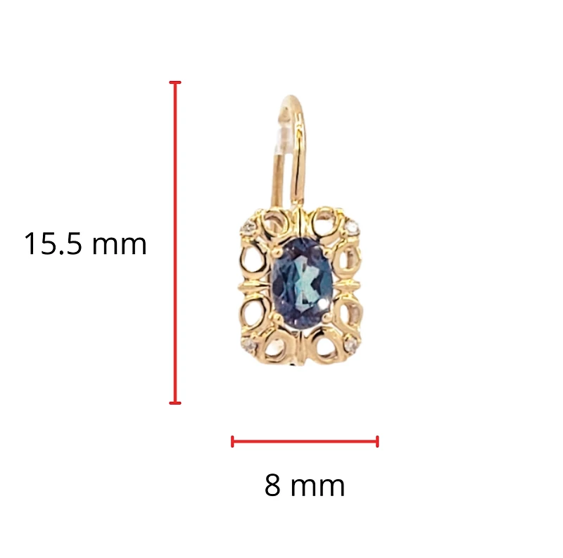 10K Gold 6x4mm Oval Cut Created Alexandrite and 0.045cttw Diamond Dangle Earrings with Euro Backs