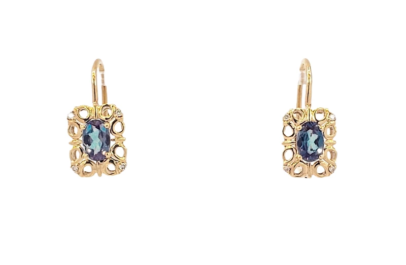 10K Gold 6x4mm Oval Cut Created Alexandrite and 0.045cttw Diamond Dangle Earrings with Euro Backs