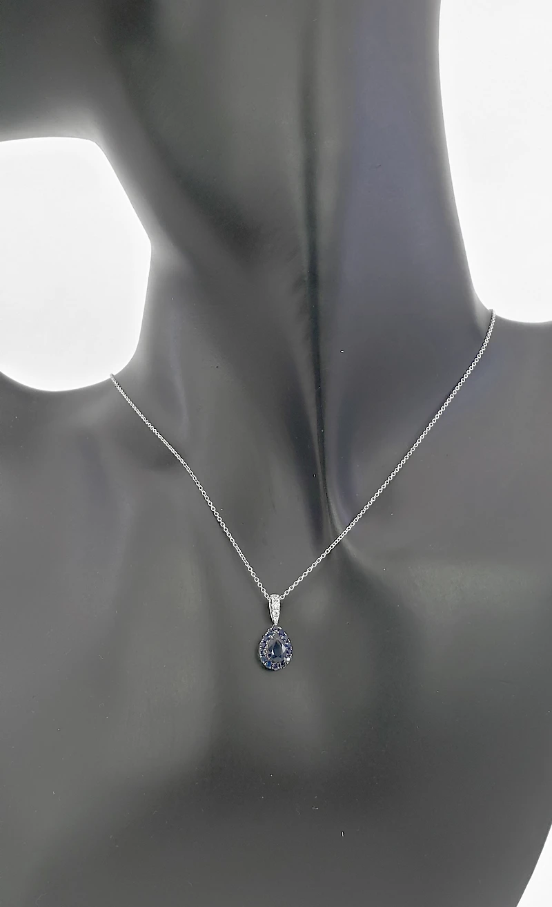 10K White Gold 0.63cttw Sapphire and 0.052cttw Diamond Halo Pendant - 18 inches