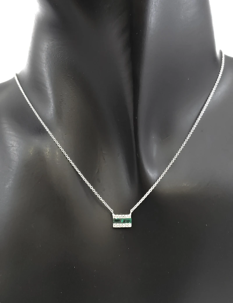 14K White Gold Emerald and Diamond Necklace, 18"