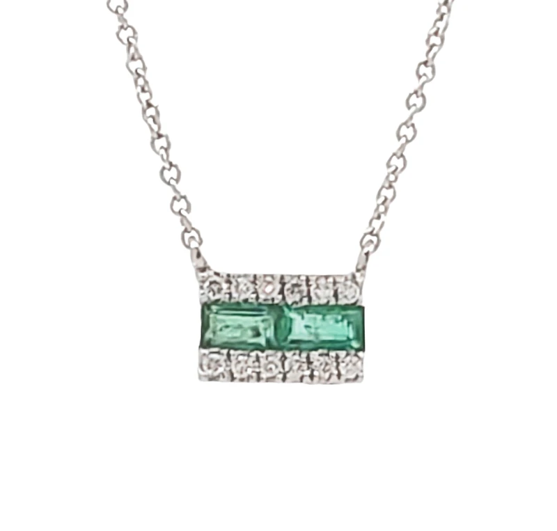 14K White Gold Emerald and Diamond Necklace, 18"