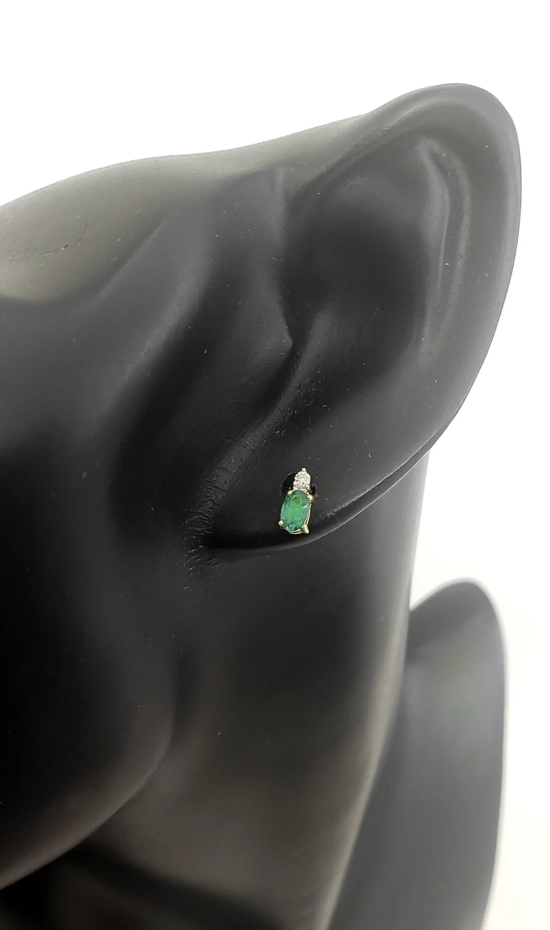 10K Yellow Gold  Oval Cut Emerald and Diamond Stud Earrings