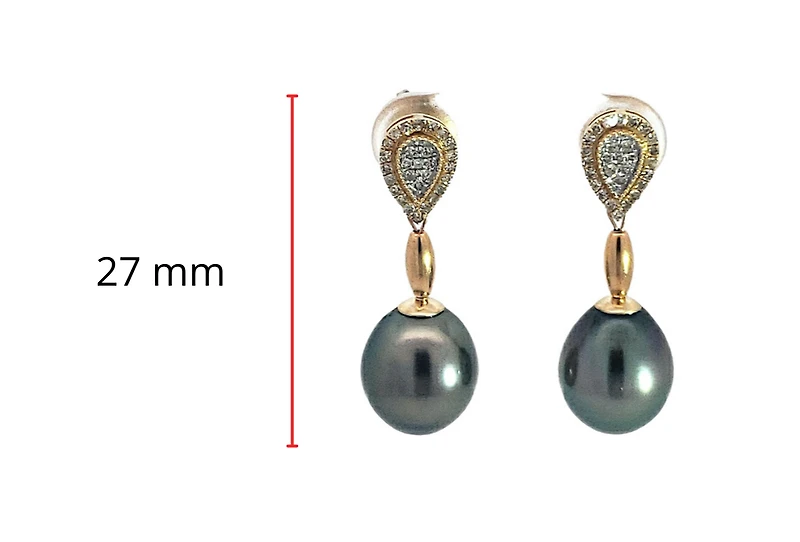 14K Gold Tahitian Pearl and Diamond Dangle Earrings with Butterfly Back Closure
