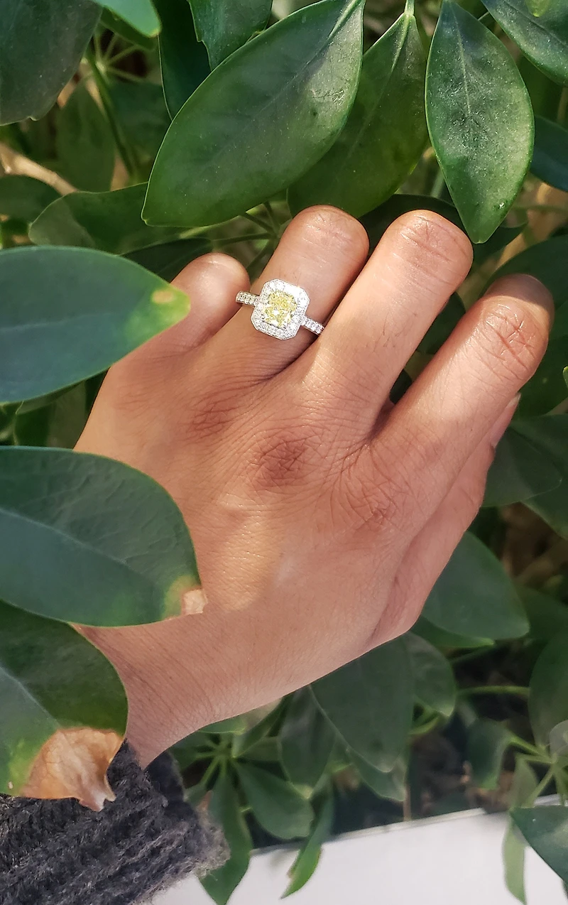 14K White Gold 1.64cttw Fancy Yellow  Cushion Cut Diamond Halo Engagement Ring, Size 6.5