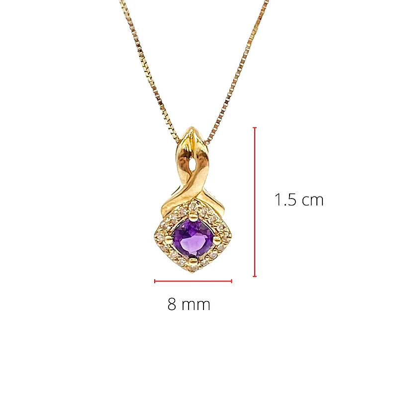 10K Yellow Gold 0.33cttw Genuine Amethyst and 0.08cttw Diamond Halo Pendant, 18"