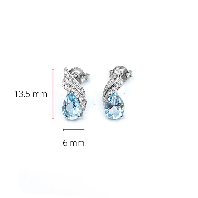 10K White Gold  Blue Topaz &  Diamond Stud Earrings