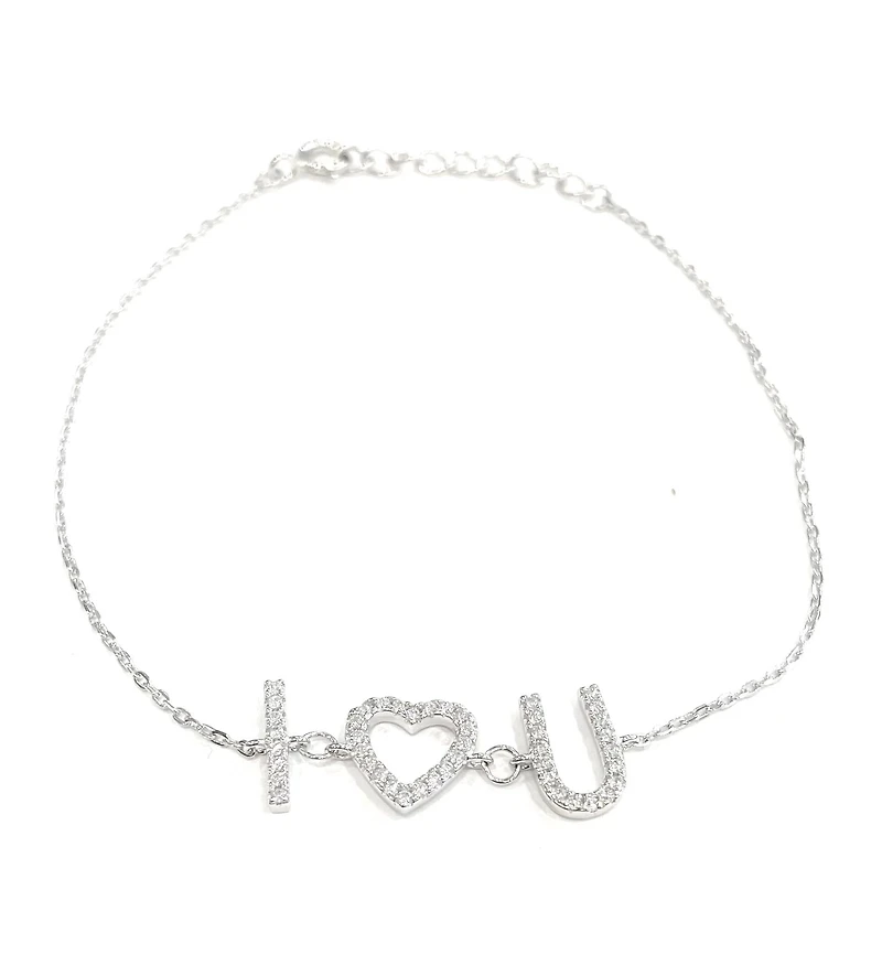 925 Sterling Silver Rhodium Plated Cubic Zirconia Bracelet "I (Heart) You" with Spring Clasp - Adjustable 14-16.5 Inches