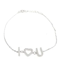 925 Sterling Silver Rhodium Plated Cubic Zirconia Bracelet "I (Heart) You" with Spring Clasp - Adjustable 14-16.5 Inches