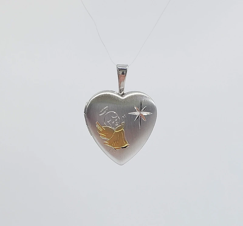 925 Sterling Silver with Angel Etched in Gold Plating Locket - 16mm x 17mm