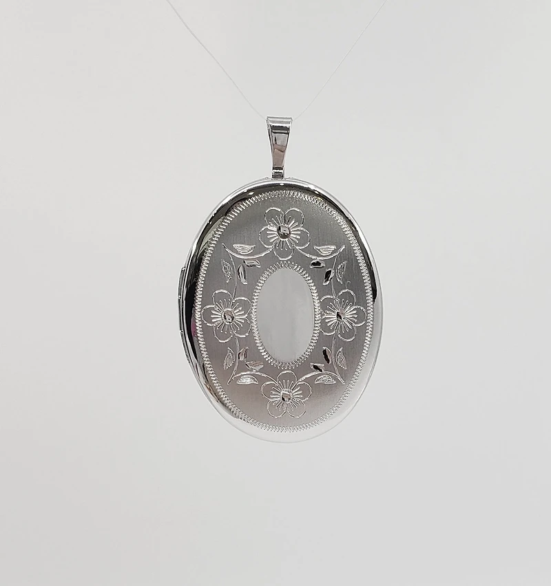 925 Sterling Silver Brushed Floral Etched Oval Locket - 24mm x 26mm