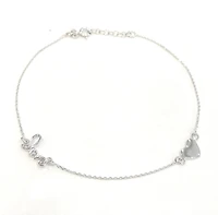 925 Sterling Silver Solid Heart and Love Text Anklet with Spring Clasp - Adjustable 18 - 20 Inches