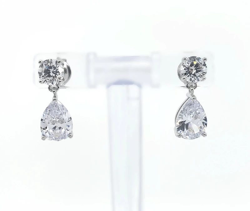 925 Sterling Silver 5.5mm round and 7mm x 10.5mm Tear Drop Cubic Zirconia Drop Earrings - 17.5mm x 7mm
