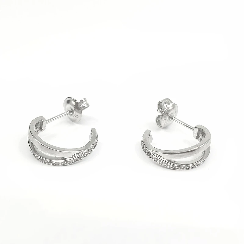 925 Sterling Silver Cubic Zirconia Double Channel Half Hoops - 14mm x 12mm