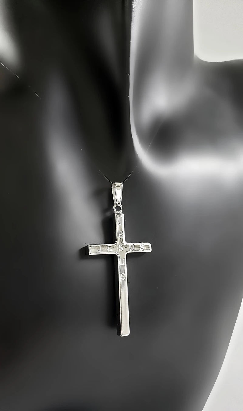 925 Sterling Silver 40mm x 21mm Hollow Cross Charm with "JESUS" Engraved