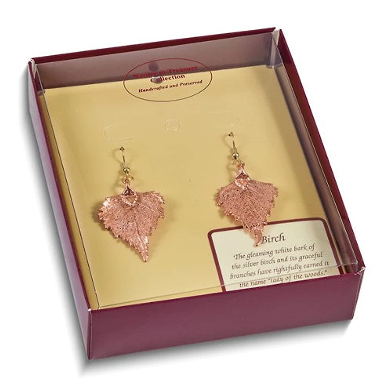 24k Rose Gold Dipped Real Birch Leaf Shepherd Hook Earrings