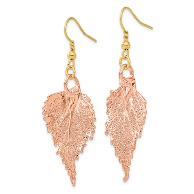 24k Rose Gold Dipped Real Birch Leaf Shepherd Hook Earrings