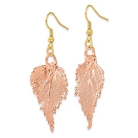 24k Rose Gold Dipped Real Birch Leaf Shepherd Hook Earrings