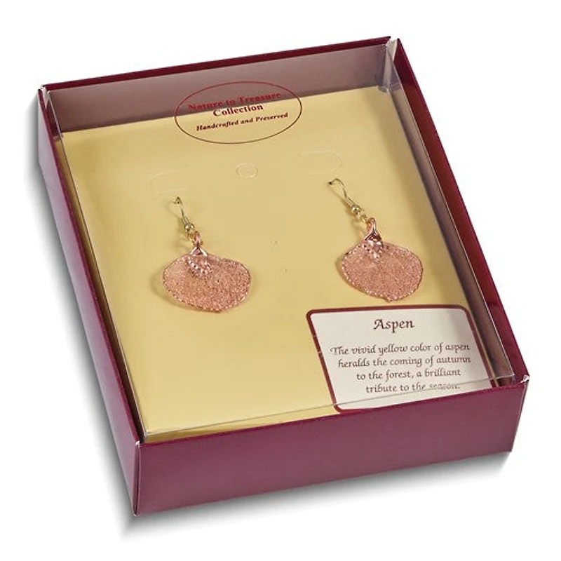 24k Rose Gold Dipped Real Aspen Leaf Shepherd Hook Earrings