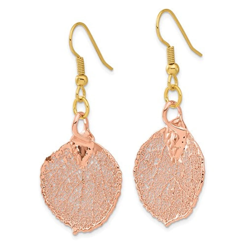24k Rose Gold Dipped Real Aspen Leaf Shepherd Hook Earrings