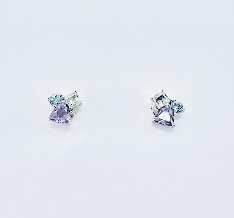 Aquamarine, Amethyst & White Topaz Stud Earrings