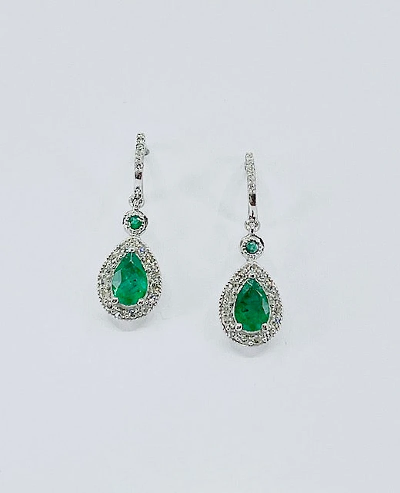 10K White Gold Genuine Emerald & Diamond Earrings