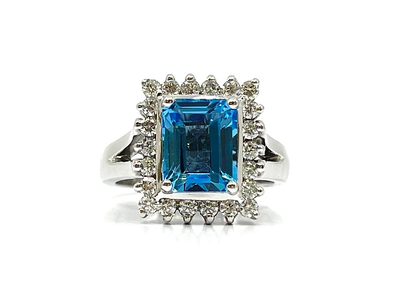 14K White Gold Genuine Blue Topaz and Diamond Ring, size 6.5