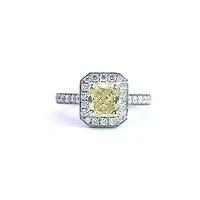 14K White Gold 1.64cttw Fancy Yellow  Cushion Cut Diamond Halo Engagement Ring, Size 6.5