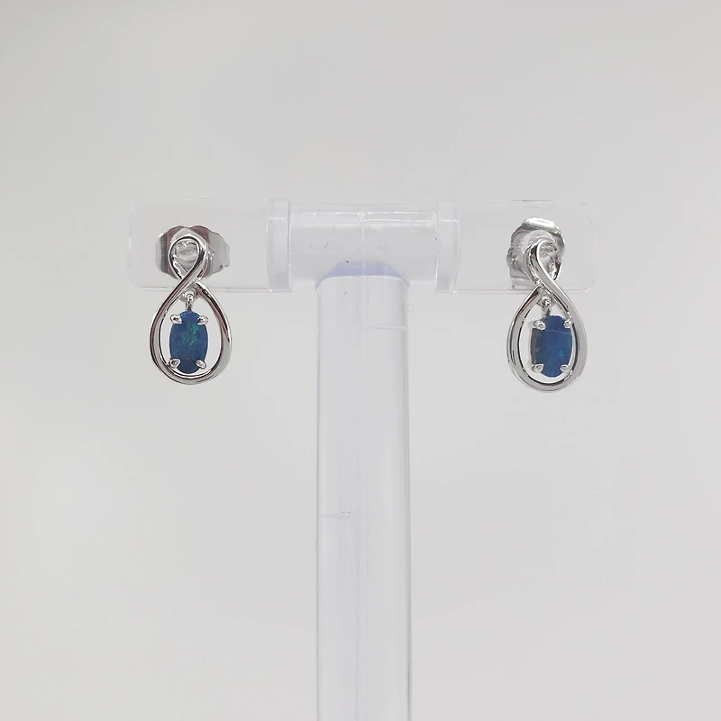 10K White Gold 5mm x 3mm Australian Doublet Opal Earrings