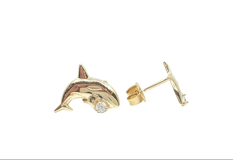 14K Yellow Gold 0.06cttw Diamond Orca Earrings with Butterfly Backs - 12mm x 10mm