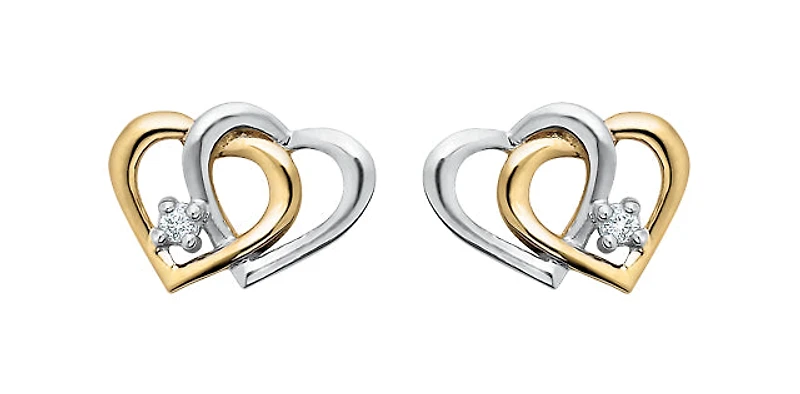 10K Yellow & White Gold Diamond Double Heart Earrings 0.03cttw