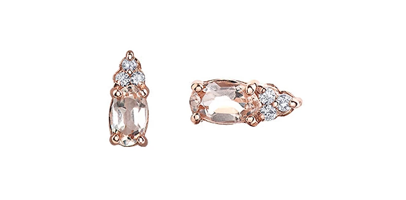 10K Rose Gold 0.50cttw Genuine Oval Cut Morganite & 0.05cttw Diamond Stud Earrings